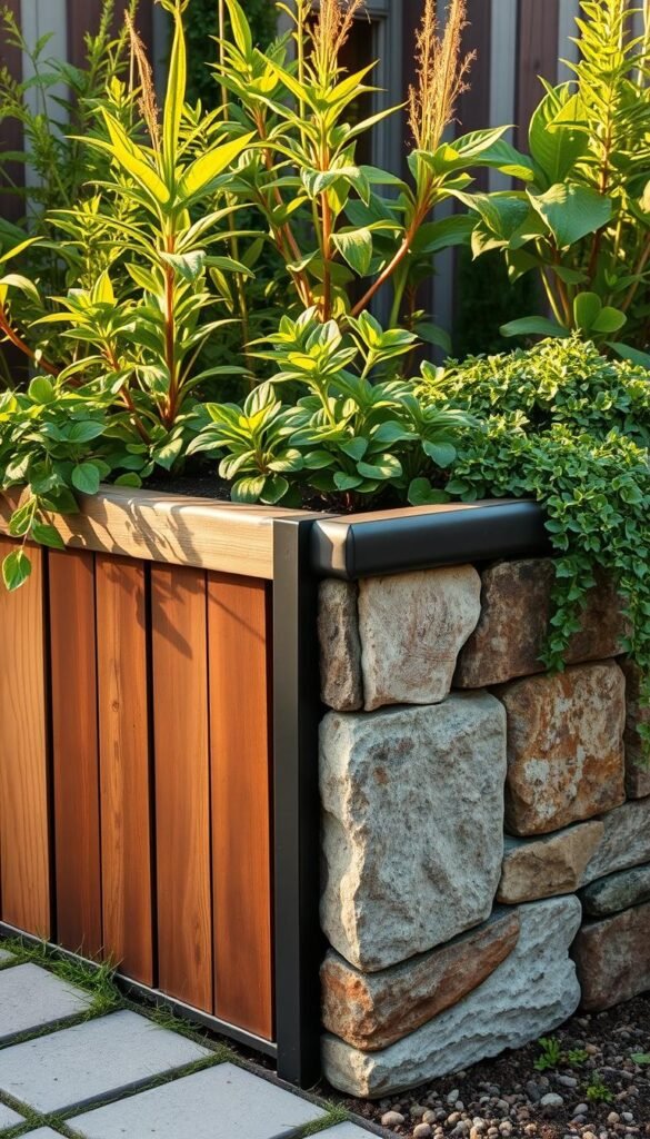 A vibrant raised garden bed, its sides constructed from a variety of intriguing materials - weathered wood, rustic stone, sleek metal, and earthy clay tiles. The textural interplay creates a visually captivating display, as lush greenery cascades over the edges, casting playful shadows. Warm, golden sunlight filters through, illuminating the scene with a serene, natural glow. The overall composition exudes a sense of tranquility and organic sophistication, inviting the viewer to envision the creative possibilities for their own backyard oasis.