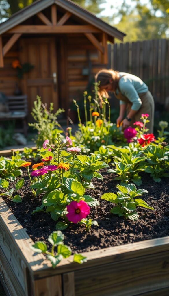 A vibrant raised garden bed with lush greenery and colorful blooms, surrounded by a weathered wooden frame. In the foreground, a person in gardening attire is carefully tending to the plants, pruning and weeding with precision. Soft, directional natural lighting illuminates the scene, casting warm shadows across the soil. In the background, a cozy wooden shed or fence provides a rustic backdrop, hinting at the changing seasons. The overall atmosphere conveys a sense of tranquility and the rewarding labor of maintaining a thriving seasonal garden.