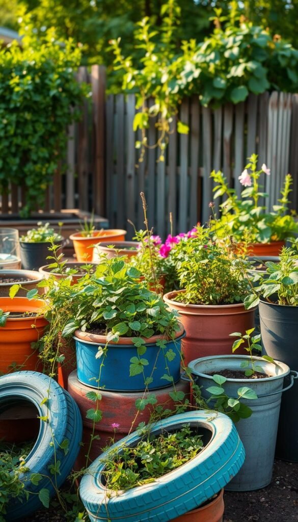 A vibrant, rustic garden scene showcasing an array of recycled planters. In the foreground, an assortment of colorful pots and containers fashioned from repurposed materials like old tires, wooden crates, and metal buckets. Trailing vines and lush greenery spill over the edges, creating a lush, naturalistic aesthetic. The middle ground features a mix of flowering plants and herbs thriving in these upcycled vessels. Warm, diffused lighting filters through the scene, casting soft shadows and highlighting the textures of the reclaimed materials. In the background, a backdrop of verdant foliage and weathered fencing completes the tranquil, eco-friendly garden atmosphere.