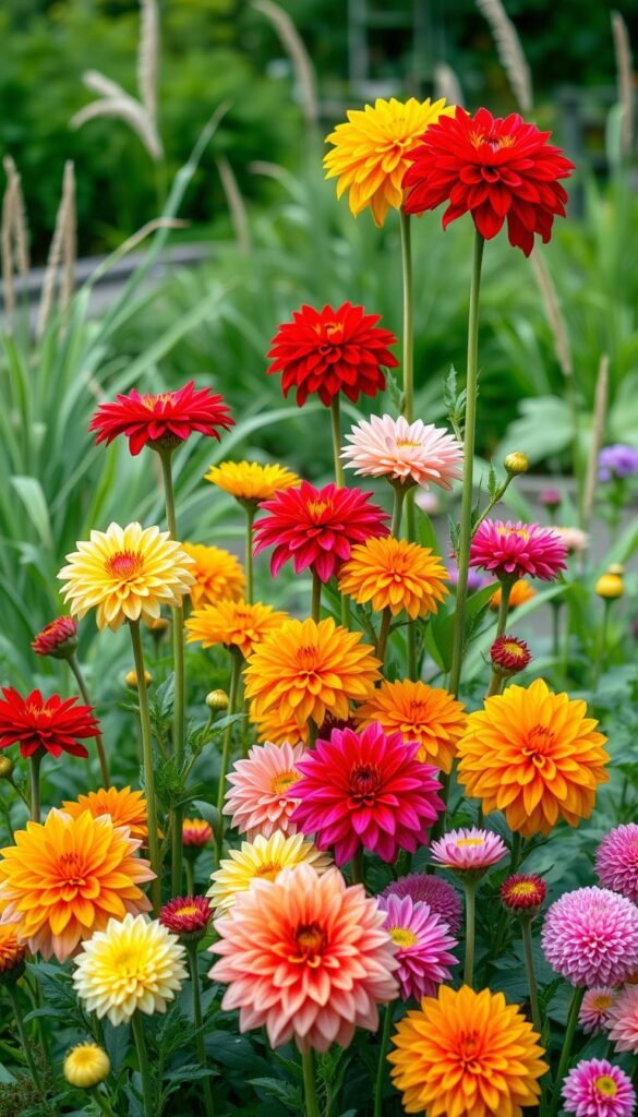 A vibrant selection of dahlia varieties in a lush, curated garden setting. Foreground features a diverse array of dahlia blooms, including bold, multi-petaled show dahlias, delicate decorative dahlias, and compact ball dahlias in a spectrum of colors - deep reds, vivid oranges, sunny yellows, and soft pinks. Middle ground showcases the plants' tall, sturdy stems and lush, green foliage. Background depicts a tranquil garden scene with wispy grasses, soft-focus greenery, and gentle, natural lighting that enhances the flowers' vibrant hues. Composition emphasizes the dahlia varieties' distinctive forms and textures, inviting the viewer to appreciate the nuanced beauty of this versatile flower.