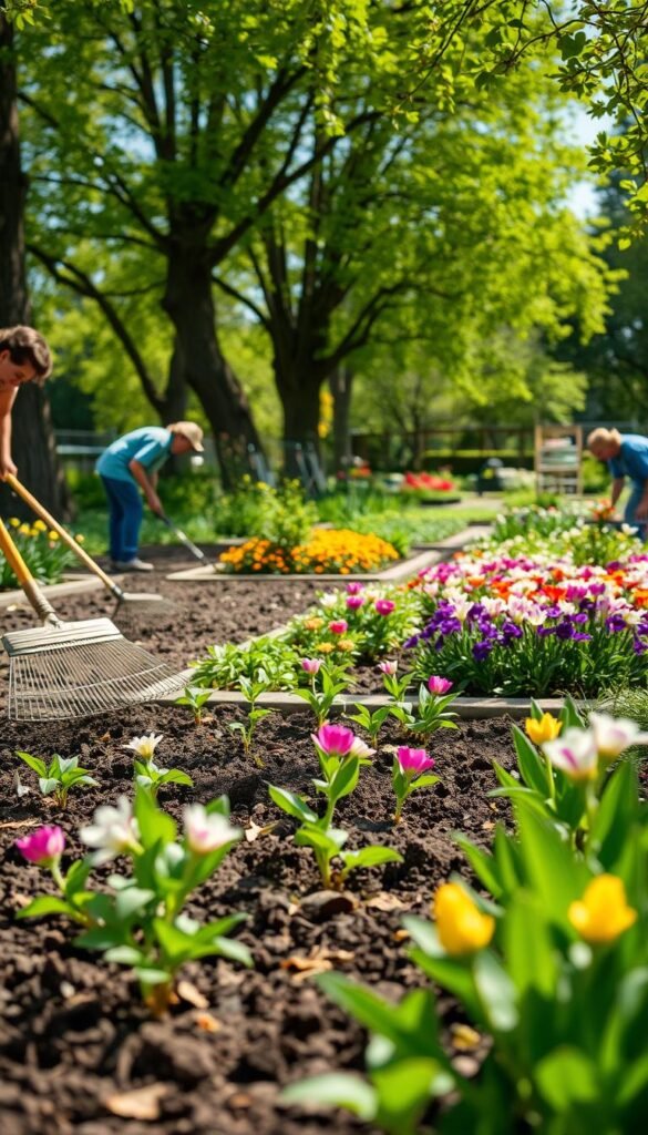 A vibrant spring garden on a bright, sunny day. In the foreground, gardeners carefully tend to the soil, raking away leaves and debris. The middle ground showcases a colorful array of freshly planted seedlings and blooming flowers, their petals dancing in a gentle breeze. In the background, a lush, green canopy of trees frames the scene, casting soft, dappled light across the garden. The atmosphere is one of rejuvenation and renewal, as the gardeners work to prepare the space for the upcoming growing season.