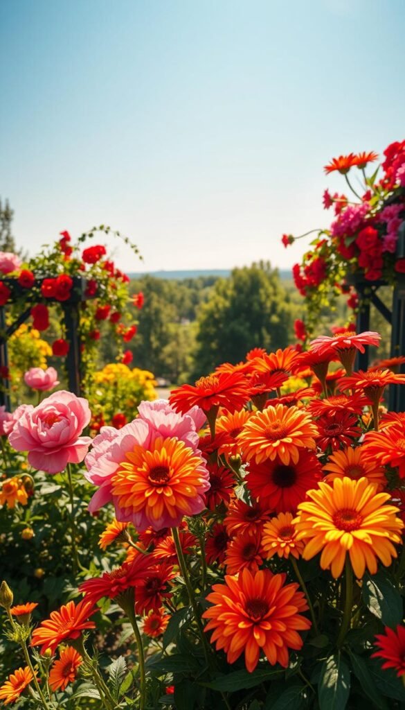 A vibrant, sun-drenched flower garden bursting with life and color. In the foreground, a lush arrangement of blooming peonies, dahlias, and zinnias in a bold palette of reds, oranges, and yellows. The middle ground features cascading vines and trailing foliage, creating a sense of depth and movement. In the background, a soft-focus vista of verdant trees and a cloudless azure sky, bathed in warm, golden light. The overall composition evokes a sense of joyful, carefree summertime bliss, inviting the viewer to immerse themselves in the beauty of the sun-kissed blooms.