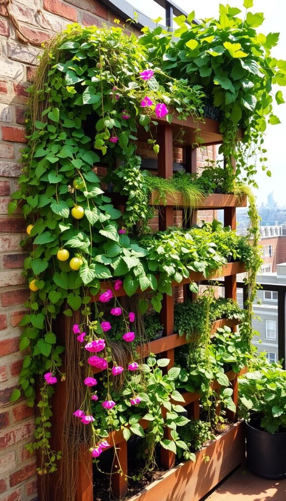 A vibrant, sun-drenched vertical garden bursting with lush foliage and thriving plants. The foreground showcases an array of cascading vines, trailing flowers, and compact leafy greens artfully arranged in a modular planter system. In the middle ground, verdant herbs and vegetables sprout from tiered shelves, their verdant hues contrasting with the rustic wooden framework. The background features a tranquil urban scene, with the garden nestled between weathered brick walls and the distant silhouettes of buildings, creating a sense of a peaceful, nature-embraced oasis. Warm, diffused lighting casts a soft glow, highlighting the textures and vibrant colors of the thriving vertical garden.