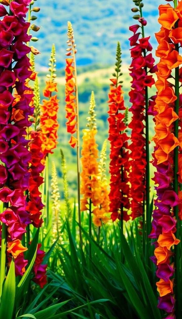 A vibrant vertical garden, overflowing with towering gladiolus blooms in a spectrum of colors. The foreground features lush, verdant foliage and towering stalks of gladioli in rich purples, oranges, and reds, their petals catching the warm, golden light. In the middle ground, more gladioli in complementary hues rise up, their slender stems swaying gently. The background is a soft, blurred landscape, hinting at a verdant oasis. The overall composition creates a sense of dynamic movement and visual harmony, showcasing the striking vertical accents of the gladioli flowers.