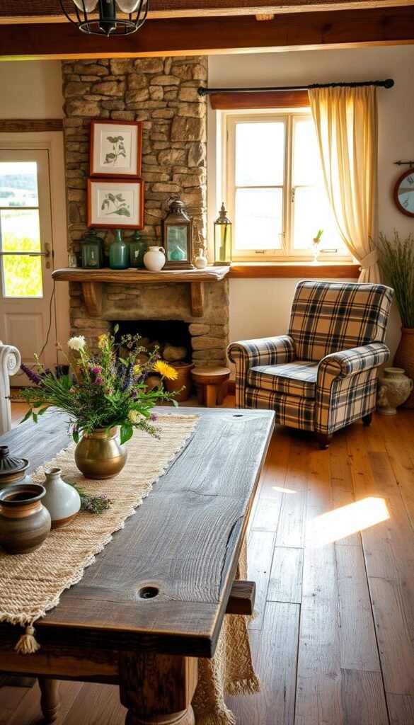 A warm, sun-dappled farmhouse interior, filled with rustic decor elements. In the foreground, a weathered wooden table adorned with a hand-woven runner, a bouquet of wildflowers, and a scattering of aged ceramic vessels. Nearby, a cozy armchair upholstered in a muted plaid pattern. In the middle ground, a stone fireplace mantel displaying vintage lanterns, framed botanical prints, and delicate glass bottles. The background reveals wide-plank wooden floors, sheer linen curtains framing a window overlooking a lush, rolling meadow. The overall mood is one of inviting, lived-in comfort and countryside charm.