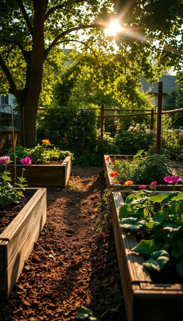 A warm, sun-dappled garden bed nestled in a lush, verdant setting. The rich, loamy soil is framed by raised wooden planters, their surfaces weathered and inviting. Soft sunlight filters through the canopy of leafy trees overhead, casting a gentle glow over the scene. Vibrant flowers and thriving vegetables peek out from the beds, their colors and textures creating a harmonious, natural composition. The angle is slightly elevated, offering a panoramic view of the idyllic garden oasis, beckoning the viewer to envision themselves tending to their own flourishing raised bed.