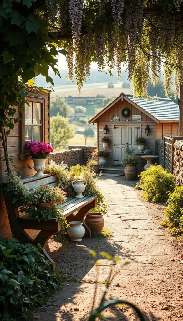 A warm, sunlit garden path winding through a quaint countryside setting. In the foreground, a rustic wooden bench adorned with lush floral arrangements and vintage ceramic pots. Trailing vines and lush greenery cascade over the edges, creating a romantic, overgrown aesthetic. In the middle ground, a charming potting shed with weathered siding and a pitched roof, its windows framed by cascading wisteria blooms. Beyond, a picturesque rolling hillside dotted with heritage fruit trees and an old stone wall, bathed in soft, golden light. The overall atmosphere evokes a sense of timeless, pastoral elegance and a love for upcycled, thrifted garden decor.