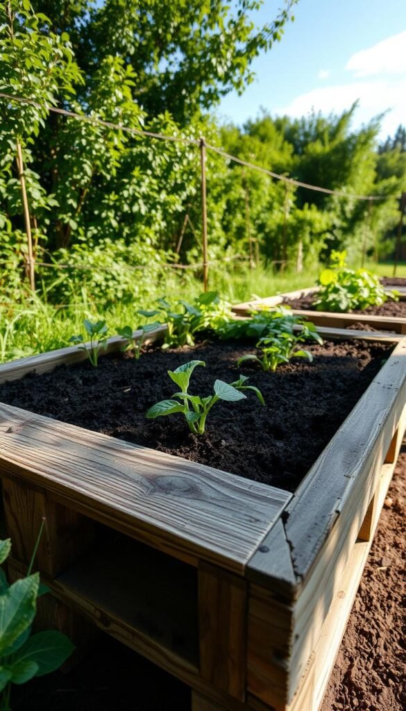 A weathered, rustic raised garden bed constructed from recycled wooden pallets, placed in a lush, verdant outdoor setting. Sunlight filters through the gaps between the wooden slats, casting warm, natural shadows. The garden bed is filled with rich, dark soil, ready to nurture a variety of thriving vegetables and herbs. The overall composition conveys a sense of sustainability, practicality, and a connection to the natural world. Shot from a low angle to emphasize the sturdy, handcrafted construction of the bed against a backdrop of greenery and blue sky.