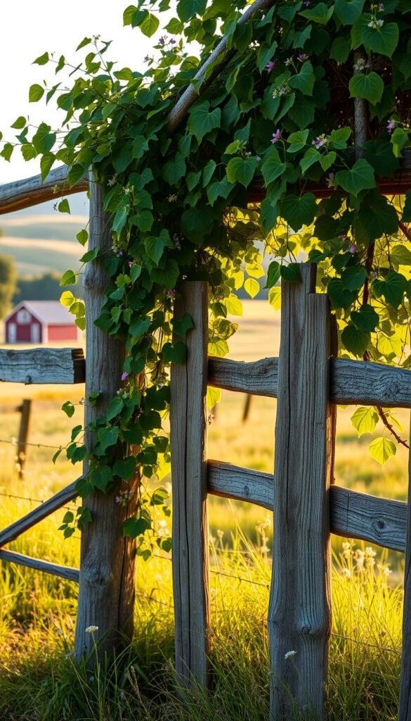 A weathered wooden fence in a rustic, countryside setting. The fence is composed of rough-hewn planks and posts, with gaps and knots that add character. Lush green vines and wildflowers cascade over the fence, creating a charming, overgrown aesthetic. Soft, golden sunlight filters through the leaves, casting warm shadows across the fence. The scene evokes a sense of timeless, pastoral tranquility. A picturesque backdrop of rolling hills and a distant barn complete the serene, countryside tableau.
