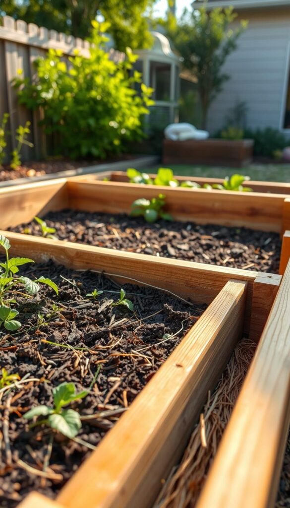 A well-constructed raised garden bed, built with care and attention to detail. In the foreground, a close-up view showcases the intricate joinery of the wooden frame, the sturdy planks sanded smooth and stained a warm, earthy tone. The middle ground reveals the bed's full form, nestled amidst lush greenery and natural textures, like mulch or straw, that line the interior. In the background, a softly blurred scene hints at the idyllic backyard setting, with the sun casting a gentle, golden glow and shadows playing across the scene. The overall composition conveys a sense of craftsmanship, functionality, and harmony with the natural environment.
