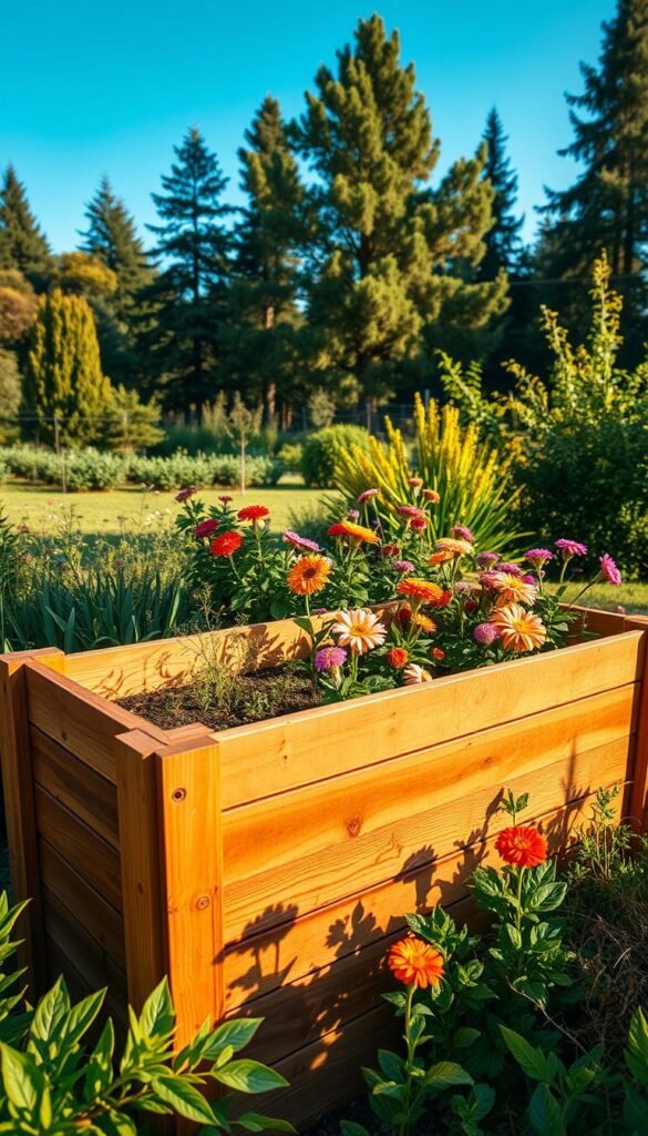 A well-constructed raised garden bed nestled among lush greenery, illuminated by warm, natural light. The foreground showcases the sturdy, wooden frame, meticulously assembled with precise joinery. The middle ground features a bountiful array of vibrant, blooming flowers, their petals gently swaying in a soft breeze. The background is a serene landscape, with towering trees and a clear, azure sky, creating a peaceful, inviting atmosphere. The scene exudes a sense of tranquility and the promise of a bountiful, flourishing garden. Captured with a wide-angle lens, the image conveys the essence of a cozy, floral retreat.