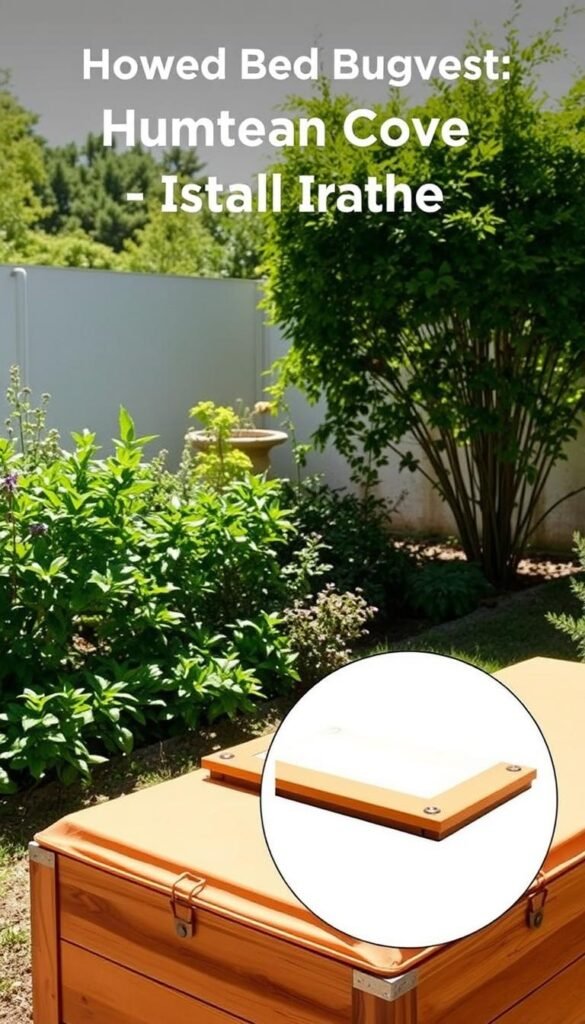 A well-crafted, detailed image of a hinged garden bed cover installation, showcasing the security features in a bright, natural setting. The foreground depicts the raised garden bed with a sturdy, hinged cover in a warm, earthy tone, seamlessly blending with the wooden frame. The middle ground features a lush, verdant garden surrounding the bed, with a subtle play of dappled sunlight filtering through the foliage. In the background, a clean, uncluttered backdrop of a picturesque outdoor scene, perhaps a well-maintained backyard or a serene natural landscape, sets the stage for the installation. The image conveys a sense of practicality, security, and the harmonious integration of the cover within the garden's aesthetic.