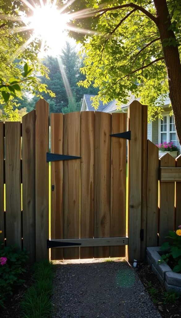 A well-crafted wooden garden gate, its planks weathered and textured, standing invitingly in a lush, verdant setting. Sunlight filters through the branches of nearby trees, casting a warm, natural glow over the scene. In the foreground, the gate's craftsmanship is highlighted, with intricate details and a sturdy, rustic design. The middle ground features a path leading up to the gate, flanked by vibrant flowerbeds and a neatly trimmed hedge. In the background, a charming cottage can be seen, its quaint architecture and colorful window boxes complementing the tranquil, pastoral atmosphere. The overall composition conveys a sense of inviting, country-style charm, perfect for a DIY tutorial on creating a garden cottage gate.