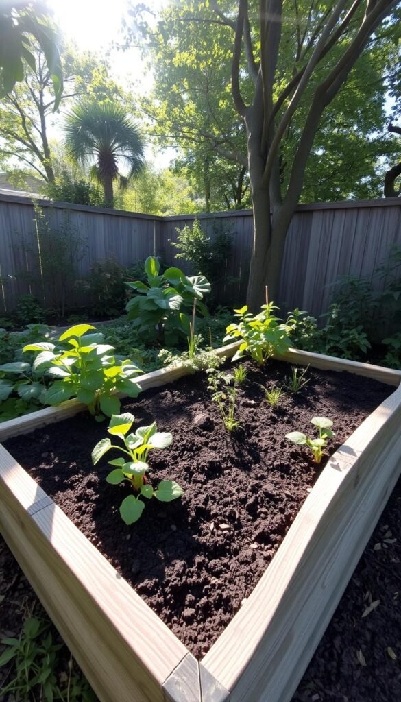 A well-designed, ergonomic raised garden bed in a lush, sun-dappled backyard. The bed is slightly elevated, with sturdy, sloped sides for easy access. The planting area is filled with rich, dark soil, ready to nurture a variety of thriving vegetables and herbs. The bed is constructed from weathered, natural wood, blending seamlessly with the surrounding greenery. Dappled sunlight filters through the trees, creating a warm, inviting atmosphere. The camera angle captures the bed from a slightly elevated perspective, showcasing its thoughtful design and integration into the backyard landscape. This image perfectly captures the essence of an optimized, comfortable, and productive raised garden bed. A well-designed, ergonomic raised garden bed in a lush, sun-dappled backyard. The bed is slightly elevated, with sturdy, sloped sides for easy access. The planting area is filled with rich, dark soil, ready to nurture a variety of thriving vegetables and herbs. The bed is constructed from weathered, natural wood, blending seamlessly with the surrounding greenery. Dappled sunlight filters through the trees, creating a warm, inviting atmosphere. The camera angle captures the bed from a slightly elevated perspective, showcasing its thoughtful design and integration into the backyard landscape. This image perfectly captures the essence of an optimized, comfortable, and productive raised garden bed.