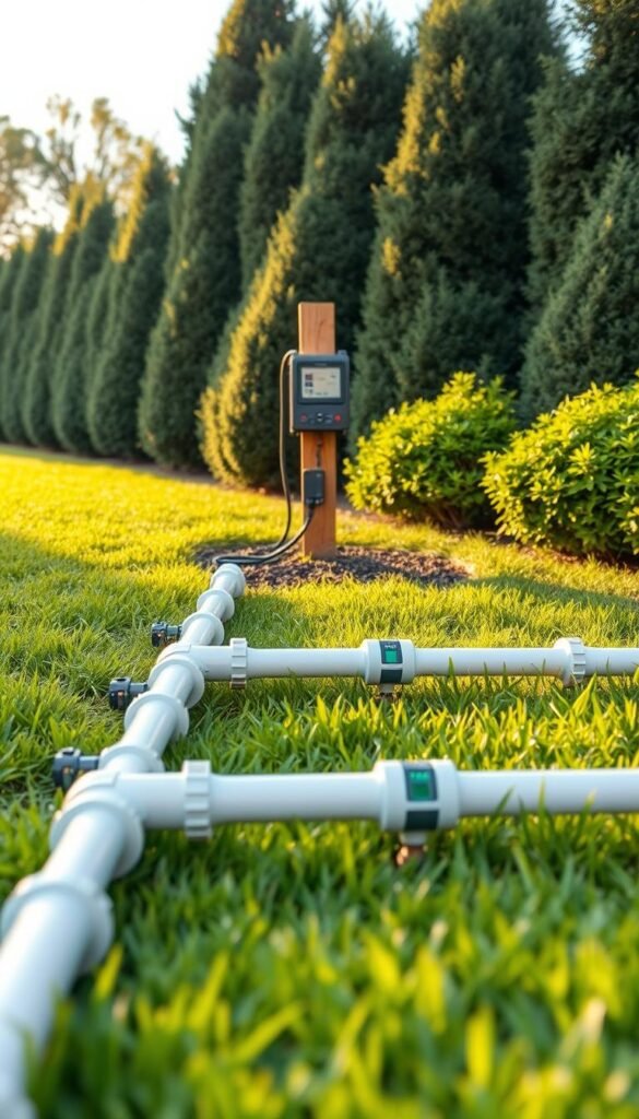 A well-designed, low-maintenance backyard irrigation system setup. In the foreground, a series of PVC pipes and sprinkler heads neatly arranged across lush, manicured grass. In the middle ground, a modern, energy-efficient irrigation controller mounted on a wooden post, its digital display clearly visible. In the background, a row of mature shrubs and trees, their foliage gently swaying in the breeze. The scene is bathed in warm, golden sunlight, conveying a sense of tranquility and efficiency. The overall setup appears straightforward and intuitive, reflecting the "Understanding Irrigation Options for Minimal Maintenance" theme.