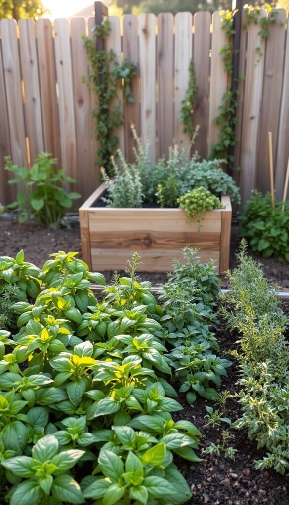 A well-designed raised bed herb garden with a functional and visually appealing layout. In the foreground, rows of lush, vibrant herbs such as basil, thyme, oregano, and rosemary are neatly arranged in a symmetrical pattern. The middle ground features a raised wooden planter box with a mix of fragrant culinary herbs cascading over the edges. In the background, a wooden fence or trellis provides a natural backdrop, allowing the garden to blend seamlessly with the surrounding environment. The scene is illuminated by warm, golden sunlight, casting a cozy and inviting atmosphere. The overall composition emphasizes efficiency, aesthetics, and the joy of cultivating a productive and visually stunning herb garden in a compact space.