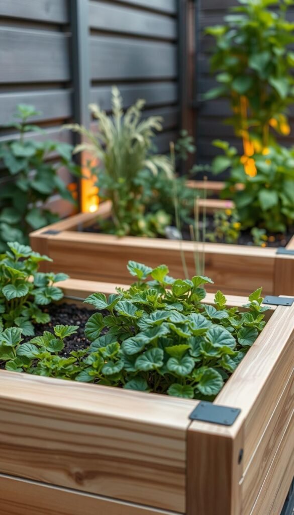 A well-designed raised garden bed with an ergonomic height, perfectly suited for comfortable back-friendly gardening. The bed features smooth, sturdy wooden planks in a natural finish, seamlessly blending with the lush, verdant plants that thrive within. Soft, diffused lighting casts a warm glow, creating a serene, inviting atmosphere. The camera captures the scene from a slightly elevated angle, showcasing the thoughtful layout and proportions that prioritize ease of access and minimize strain. The overall composition conveys a harmonious balance between form and function, inspiring a desire to immerse oneself in the joy of cultivating a beautiful, nurturing garden space.