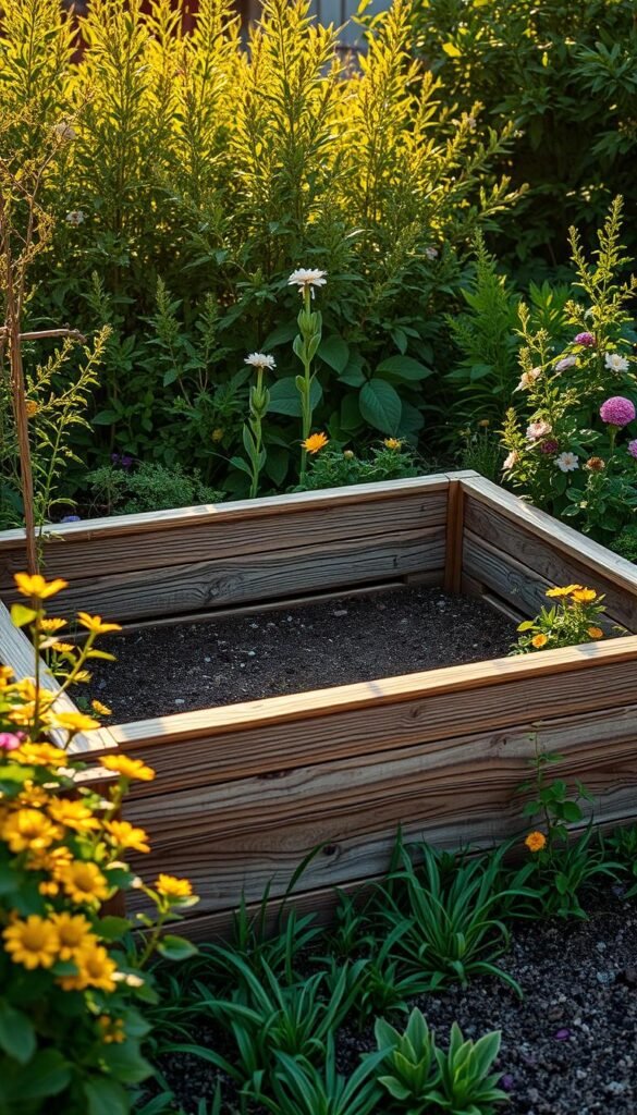 A well-designed, rustic wooden garden bed nestled in a lush, verdant setting. The bed features intricate, weathered planks arranged in a rectangular formation, with a natural, organic appearance that blends seamlessly with the surrounding foliage. The scene is illuminated by warm, golden sunlight, casting a gentle glow and casting soft shadows across the wood's textured surface. The garden bed is flanked by flourishing plants and flowers, creating a serene, inviting atmosphere that evokes a sense of tranquility and connection with nature. The overall composition showcases the timeless beauty and practicality of wood as a material for raised garden beds. A well-designed, rustic wooden garden bed nestled in a lush, verdant setting. The bed features intricate, weathered planks arranged in a rectangular formation, with a natural, organic appearance that blends seamlessly with the surrounding foliage. The scene is illuminated by warm, golden sunlight, casting a gentle glow and casting soft shadows across the wood's textured surface. The garden bed is flanked by flourishing plants and flowers, creating a serene, inviting atmosphere that evokes a sense of tranquility and connection with nature. The overall composition showcases the timeless beauty and practicality of wood as a material for raised garden beds.