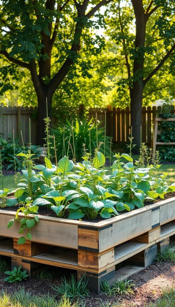 A well-established pallet garden bed set in a lush, vibrant backyard. The raised bed is filled with a thriving array of healthy plants, their leaves and stems gently swaying in the soft breeze. Sunlight filters through the canopy of surrounding trees, casting a warm, natural glow over the scene. The bed's rustic, weathered wood planks blend seamlessly with the earthy tones of the soil and the verdant foliage. A sense of peaceful tranquility and bountiful growth pervades the image, inviting the viewer to imagine the fulfillment and joy of cultivating a thriving pallet garden.