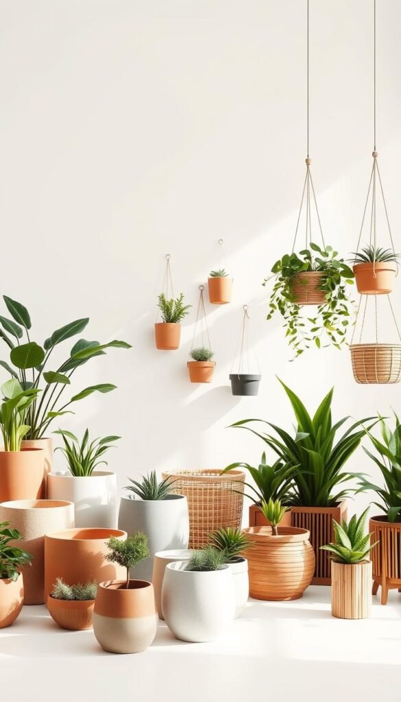 A well-lit, airy studio setting showcasing a variety of lightweight, aesthetically pleasing plant containers. In the foreground, an assortment of modern, minimalist planters in neutral tones like terracotta, concrete, and bamboo. The middle ground features a mix of hanging baskets, wall-mounted pots, and tabletop planters, all designed for easy portability and space-saving. The background is a clean, white backdrop, highlighting the clean lines and organic textures of the containers. The overall mood is one of simplicity, functionality, and visual harmony, reflecting the needs of renters and frequent movers seeking to create beautiful, low-maintenance plant displays.