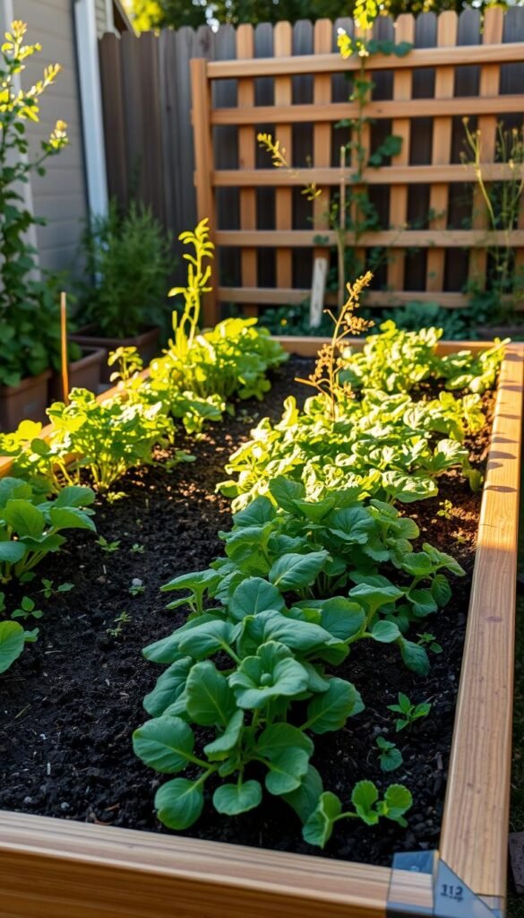 A well-lit and inviting raised garden bed, nestled in a cozy backyard setting. The bed features neatly arranged rows of vibrant vegetables and herbs, with a natural wooden frame that complements the lush greenery. The scene is bathed in warm, golden sunlight, casting soft shadows and highlighting the texture of the soil and foliage. In the background, a charming fence or trellis provides a subtle backdrop, adding to the sense of a harmonious, welcoming outdoor space. The overall composition conveys a sense of tranquility, productivity, and the joy of growing one's own fresh produce in a small, manageable setup.