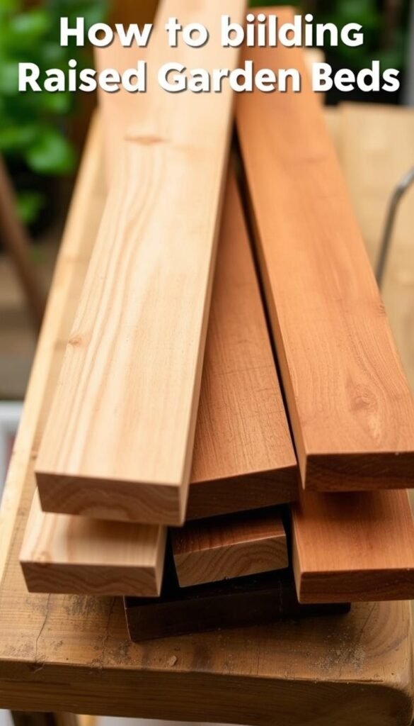 A well-lit, close-up photograph of various types of wood suitable for building raised garden beds, including cedar, redwood, and pressure-treated pine. The boards are arranged neatly on a wooden workbench, with the grain and texture of each type of wood clearly visible. The lighting is soft and even, accentuating the natural beauty and durability of the materials. The composition is balanced, with the boards taking up the majority of the frame, and the background is slightly blurred to focus the viewer's attention on the wood selection.