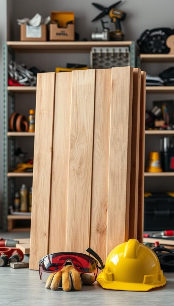 A well-lit, detailed scene of a wooden pallet standing upright, surrounded by various safety tools and equipment. In the foreground, a pair of protective work gloves, safety goggles, and a hard hat are neatly arranged. In the middle ground, the pallet is shown from a slightly elevated angle, showcasing its sturdy construction and smooth, untreated wood surface. The background features a clean, organized workspace with shelves displaying additional safety gear and pallet-related hardware. The overall atmosphere conveys a sense of careful consideration for safety and preparation when working with pallet wood.
