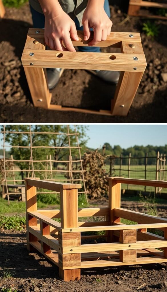 A well-lit, detailed scene of constructing raised bed supports using reclaimed pallet wood. The foreground shows a person's hands assembling the support frame, with close-up views of the wood joints and fasteners. The middle ground features the partially completed raised bed structure, with a natural garden landscape in the background. The lighting is soft and warm, casting shadows that emphasize the textures of the weathered wood. The overall composition conveys a sense of rural DIY charm and sustainability, suitable for illustrating a guide on using pallet wood for gardening projects.