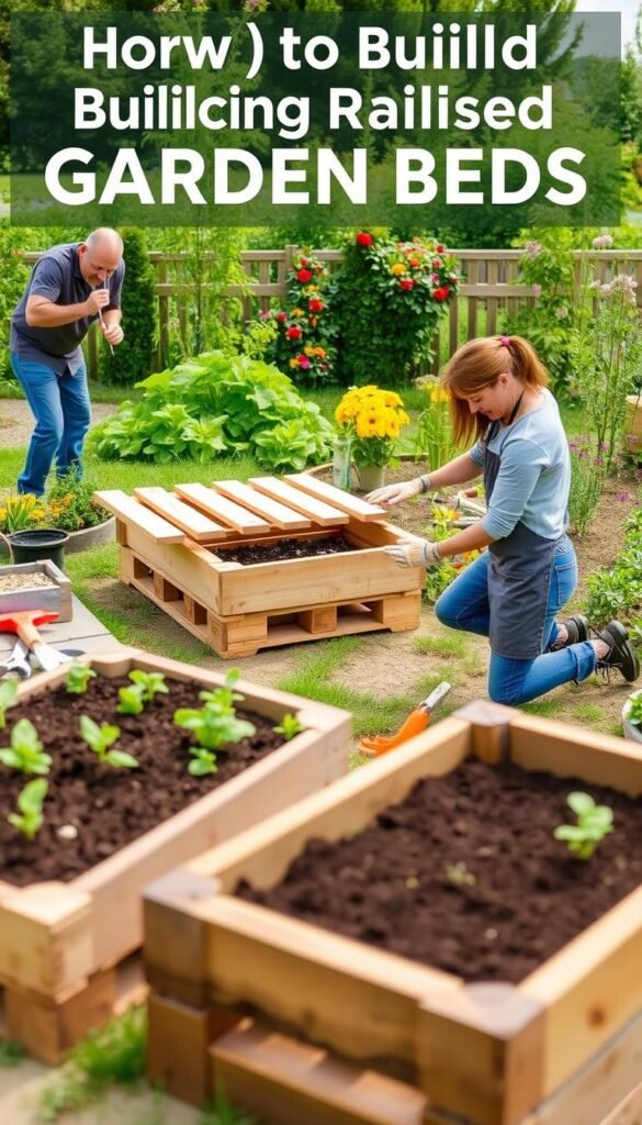 A well-lit, detailed tutorial on building raised garden beds, showcasing the step-by-step process. In the foreground, a skilled gardener demonstrates the construction, expertly arranging wooden planks or repurposed pallets to form the beds. The middle ground features various gardening tools and materials, such as soil, seedlings, and gardening gloves, conveying the hands-on nature of the task. In the background, a lush, vibrant garden setting provides the perfect backdrop, with mature plants and flowers adding to the overall aesthetic. The image should capture the DIY spirit, practical know-how, and the joyful, productive atmosphere of creating one's own raised garden beds.