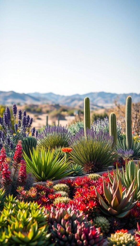 A well-lit display of drought-tolerant plants, showcased in a serene garden setting. In the foreground, a lush array of succulents and cacti in vibrant hues of green, purple, and red. In the middle ground, a selection of hardy, low-water perennials and shrubs, such as lavender, yucca, and agave, arranged in a naturalistic composition. The background features a soft, blurred landscape with rolling hills and a clear, bright sky, creating a sense of tranquility and space. The lighting is warm and inviting, highlighting the textural details of the plants and casting gentle shadows. Captured with a wide-angle lens to provide a comprehensive view of the drought-resistant garden display.
