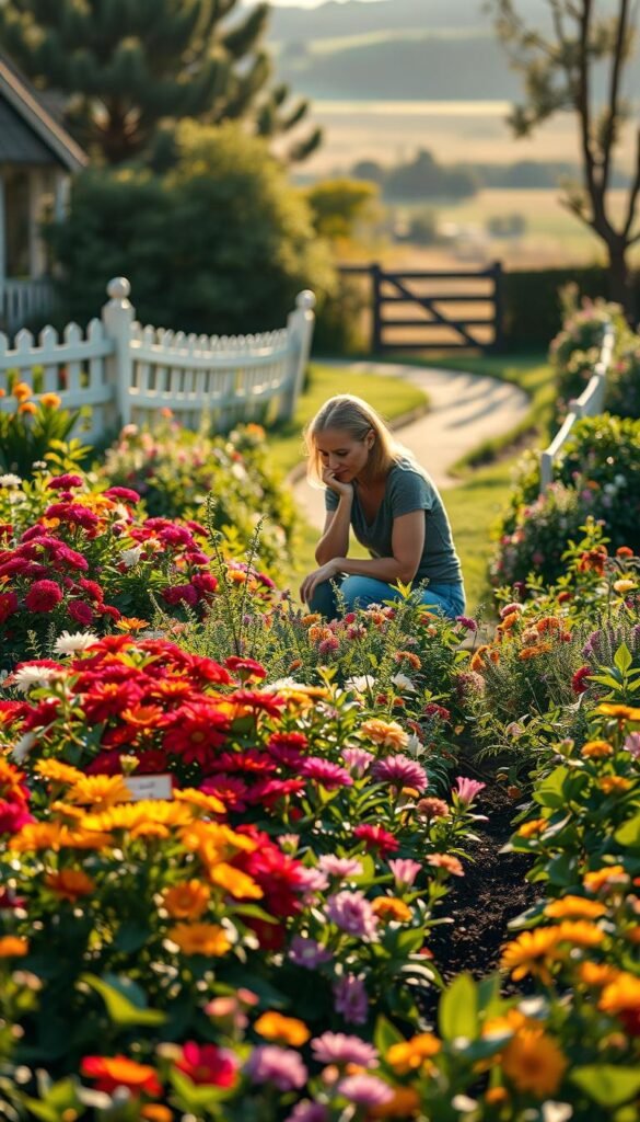 A well-lit garden bed with lush, vibrant plants in the foreground. In the center, a gardener kneeling down, thoughtfully examining a mix of annual and perennial flowers - a kaleidoscope of colors, shapes, and textures. The background features a charming cottage-style fence, a winding path, and a softly blurred landscape, creating a sense of tranquility and contemplation. The lighting is warm and natural, casting a golden glow over the scene. The composition is balanced, drawing the eye towards the gardener's focused attention on selecting the perfect plants for their cottage garden. An atmosphere of care, creativity, and the joy of gardening permeates the image.