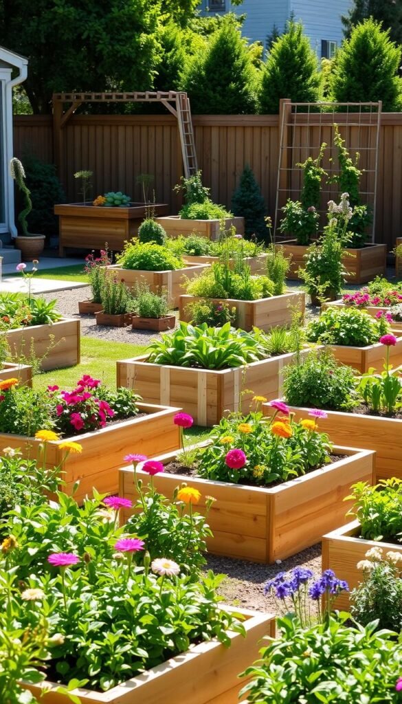A well-lit garden scene featuring custom raised garden beds of varying heights, arranged in a visually appealing layout. The beds are constructed with natural wood and feature a mix of vibrant flowering plants and vegetables growing in lush abundance. The foreground showcases a mix of tall and short raised beds, while the middle ground introduces taller raised planters, possibly with steps or tiers. The background depicts a neatly manicured yard with a wooden fence or trellis, creating a sense of depth and enclosure. The overall composition conveys a sense of harmony, productivity, and the creative potential of customized raised bed gardening. A well-lit garden scene featuring custom raised garden beds of varying heights, arranged in a visually appealing layout. The beds are constructed with natural wood and feature a mix of vibrant flowering plants and vegetables growing in lush abundance. The foreground showcases a mix of tall and short raised beds, while the middle ground introduces taller raised planters, possibly with steps or tiers. The background depicts a neatly manicured yard with a wooden fence or trellis, creating a sense of depth and enclosure. The overall composition conveys a sense of harmony, productivity, and the creative potential of customized raised bed gardening.