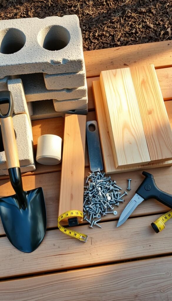 A well-lit, high-angle shot of an assortment of materials for building a raised garden bed, including sturdy cinder blocks, untreated wooden planks, galvanized steel screws, a shovel, a trowel, and a measuring tape, all arranged neatly on a wooden surface with a soft, natural backdrop. The lighting should be warm and inviting, casting gentle shadows to emphasize the textures and shapes of the materials. The overall composition should convey a sense of organization, practicality, and the potential for a successful, budget-friendly gardening project.