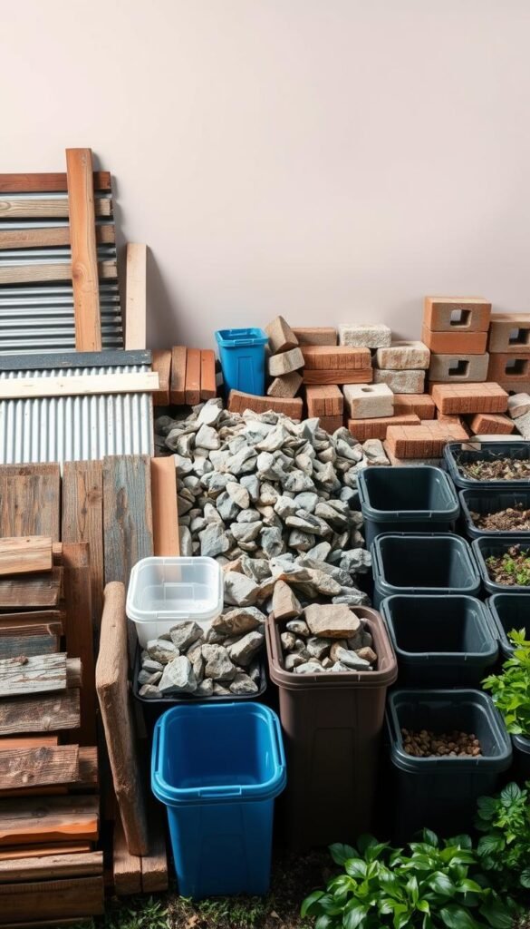 A well-lit, high-angle studio shot showcasing an assortment of versatile materials suitable for DIY raised garden beds. In the foreground, a mix of reclaimed wood, corrugated metal sheets, and plastic containers in various sizes and shapes. In the middle ground, piles of river rocks, bricks, and cinderblocks. In the background, a neutral backdrop highlights the textures and tones of the materials. The lighting is soft and diffused, emphasizing the natural qualities of the elements. The overall composition conveys a sense of resourcefulness, showcasing the diverse range of affordable, repurposed options for constructing sturdy, long-lasting raised garden beds.