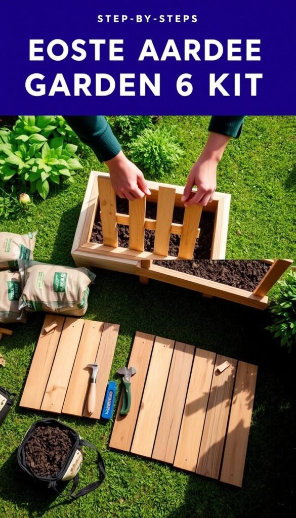 A well-lit, high-angle view of the step-by-step assembly of a raised garden bed kit. The foreground shows the individual wooden planks, soil bags, and assembly tools meticulously arranged. The middle ground features a person's hands carefully fitting the planks together, with each step clearly visible. The background depicts a lush, green garden setting, providing context and a sense of the final product. The lighting is soft and natural, casting subtle shadows that accentuate the textures and details. The composition is balanced and visually appealing, guiding the viewer through the assembly process.