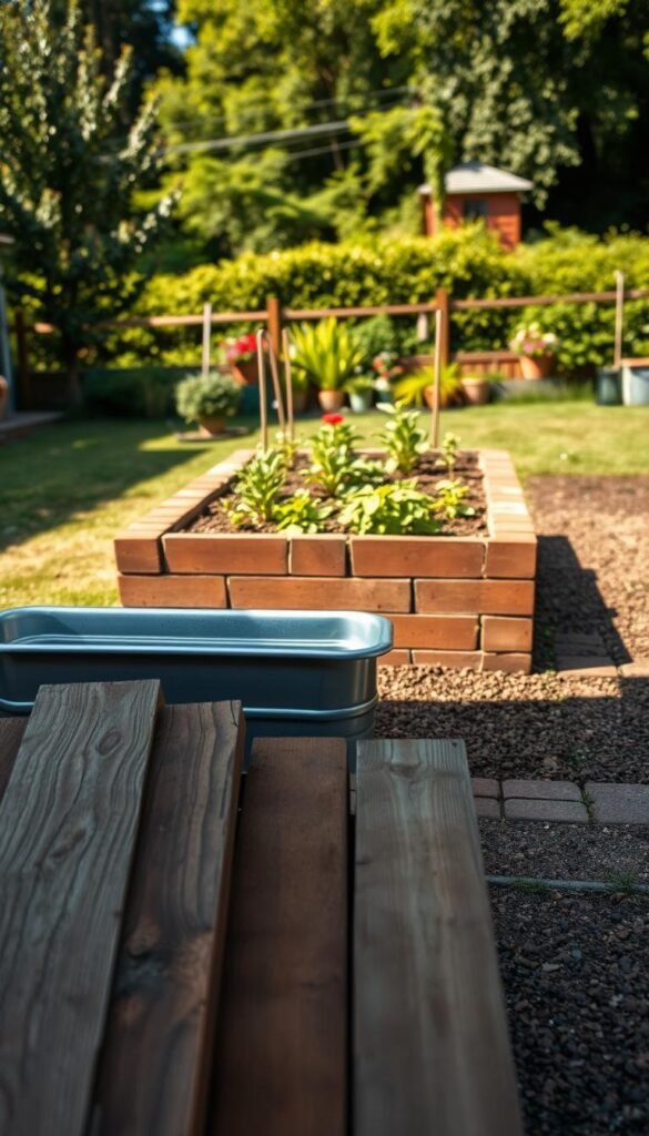 A well-lit, high-resolution image of a backyard scene featuring a raised garden bed. In the foreground, a variety of materials are displayed, including rustic wooden planks, galvanized steel troughs, and classic red bricks. The middle ground showcases the raised bed structure, with carefully placed plants and flowers. The background features a lush, verdant landscape, with a hint of a small shed or fence in the distance. The lighting is warm and natural, creating a inviting and serene atmosphere. The composition is balanced and aesthetically pleasing, emphasizing the various material choices for the raised bed. A well-lit, high-resolution image of a backyard scene featuring a raised garden bed. In the foreground, a variety of materials are displayed, including rustic wooden planks, galvanized steel troughs, and classic red bricks. The middle ground showcases the raised bed structure, with carefully placed plants and flowers. The background features a lush, verdant landscape, with a hint of a small shed or fence in the distance. The lighting is warm and natural, creating a inviting and serene atmosphere. The composition is balanced and aesthetically pleasing, emphasizing the various material choices for the raised bed.