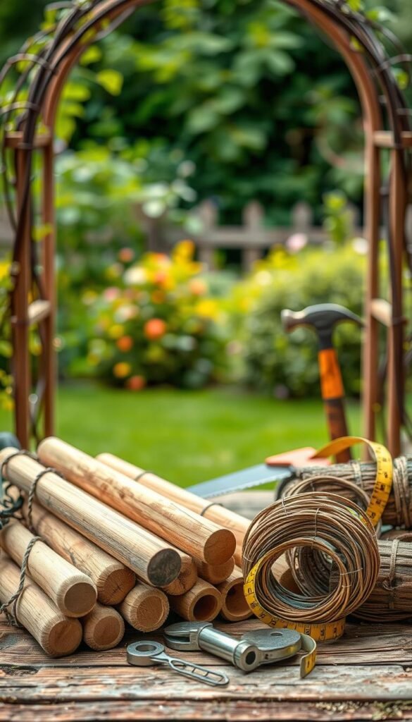 A well-lit, high-resolution still life photograph showcasing the essential materials and tools needed to build a garden arch. In the foreground, a collection of sturdy wooden posts, metal connectors, and coils of rustproof wire lie neatly arranged. In the middle ground, hand tools such as a pruning saw, hammer, and measuring tape are displayed, their surfaces gleaming. The background features a blurred, verdant garden scene, hinting at the final placement of the arch. The image has a warm, earthy color palette, conveying a sense of craftsmanship and natural harmony.
