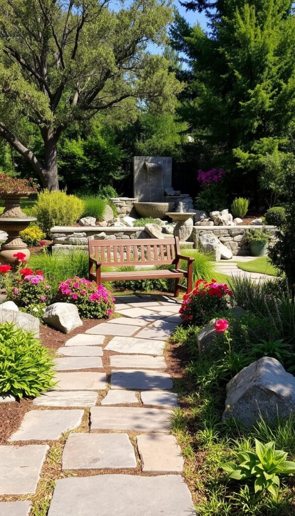 A well-lit outdoor scene showcasing a variety of hardscaping elements. In the foreground, a weathered stone pathway winds through lush garden beds, leading the eye towards a rustic wooden bench nestled amidst vibrant flowering plants. In the middle ground, a contemporary water feature, its gentle flow creating a soothing ambient sound. Surrounding the scene, a backdrop of mature trees and shrubs, casting playful shadows across the composition. The overall mood is one of tranquility and harmony, inviting the viewer to pause and appreciate the interplay of natural and man-made elements in the garden landscape. A well-lit outdoor scene showcasing a variety of hardscaping elements. In the foreground, a weathered stone pathway winds through lush garden beds, leading the eye towards a rustic wooden bench nestled amidst vibrant flowering plants. In the middle ground, a contemporary water feature, its gentle flow creating a soothing ambient sound. Surrounding the scene, a backdrop of mature trees and shrubs, casting playful shadows across the composition. The overall mood is one of tranquility and harmony, inviting the viewer to pause and appreciate the interplay of natural and man-made elements in the garden landscape.