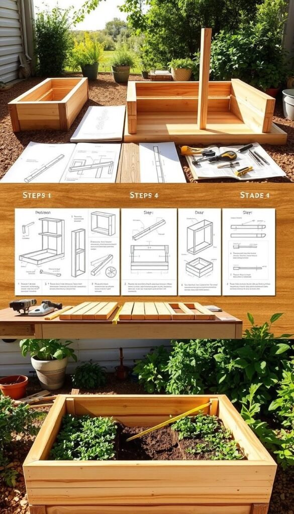 A well-lit, step-by-step tutorial showcasing the construction of a raised garden bed. In the foreground, detailed diagrams and illustrations explain the assembly process, with clear labeling of each component. The middle ground features a carpenter's workbench with neatly organized tools and materials, including wood planks, screws, and a measuring tape. In the background, a serene outdoor setting with verdant plants and a bright, airy atmosphere sets the scene. Crisp, high-resolution photography captures the entire process with a sense of visual clarity and instructional precision, making it an informative and visually appealing reference for building a DIY raised garden bed.