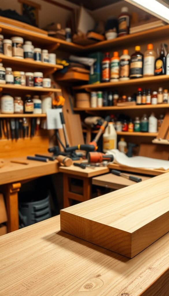 A well-lit woodworking studio, with a sturdy workbench in the foreground. On the bench, a piece of sanded wood, the surface smooth and gleaming under warm, directional lighting. In the middle ground, a variety of woodworking tools - sanders, files, and polishing cloths - neatly arranged, ready for use. In the background, shelves stocked with various wood finishes, stains, and sealants, casting a soft, amber glow. The overall atmosphere is one of focused, meticulous craftsmanship, inviting the viewer to imagine the satisfying process of preparing and finishing wooden materials for a project. A well-lit woodworking studio, with a sturdy workbench in the foreground. On the bench, a piece of sanded wood, the surface smooth and gleaming under warm, directional lighting. In the middle ground, a variety of woodworking tools - sanders, files, and polishing cloths - neatly arranged, ready for use. In the background, shelves stocked with various wood finishes, stains, and sealants, casting a soft, amber glow. The overall atmosphere is one of focused, meticulous craftsmanship, inviting the viewer to imagine the satisfying process of preparing and finishing wooden materials for a project.