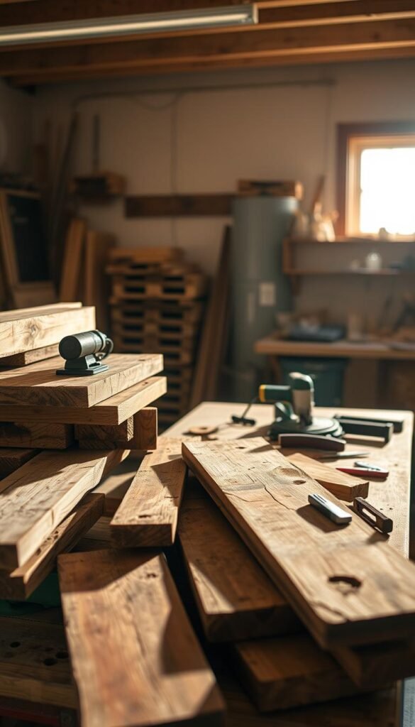 A well-lit workshop interior, focused on a wooden workbench. Piles of reclaimed pallet wood in the foreground, rough-sawn planks in various stages of preparation. Tools like a hand-held electric sander, a miter saw, and a utility knife scattered across the bench. Warm, directional lighting casts long shadows, highlighting the texture and grain of the weathered wood. The background is slightly blurred, emphasizing the workshop's utilitarian atmosphere. An overall sense of organized productivity, as if in the midst of transforming reclaimed materials into something new.