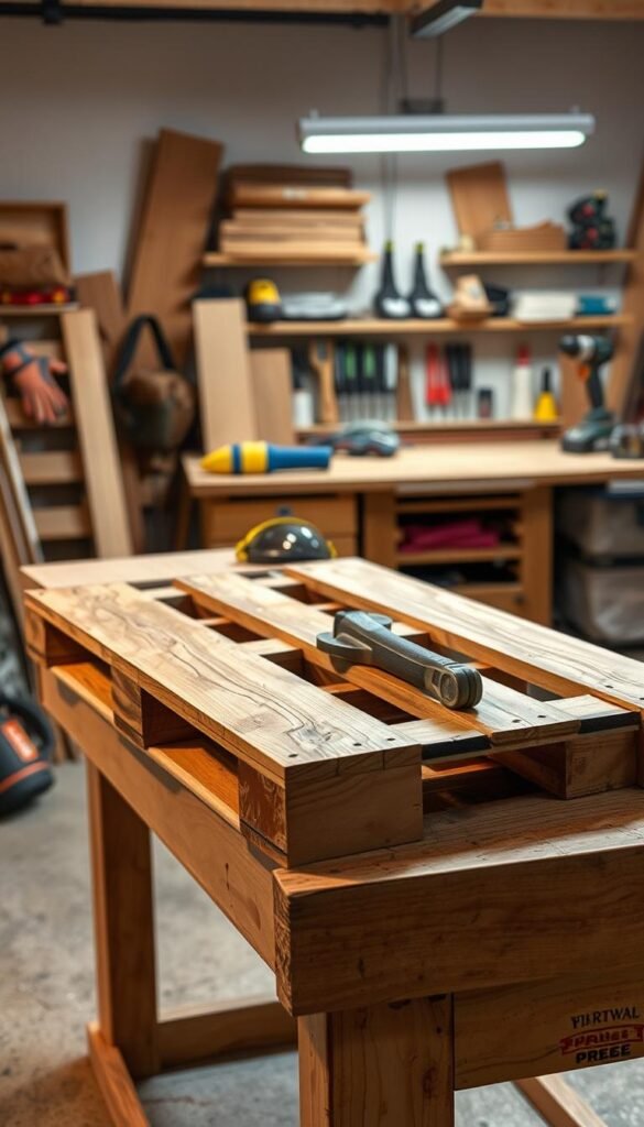 A well-lit workshop interior with a sturdy wooden workbench in the foreground. On the bench, a partially disassembled wooden pallet lies, showcasing the process of carefully prying apart its components. In the middle ground, safety gear such as protective gloves and goggles are visible, emphasizing the importance of proper safety measures. The background features shelves and tools, creating a professional, DIY-focused atmosphere. The lighting is soft and diffused, casting warm shadows and highlighting the textures of the wood. The overall scene conveys a sense of care, attention to detail, and a commitment to safe pallet disassembly practices.
