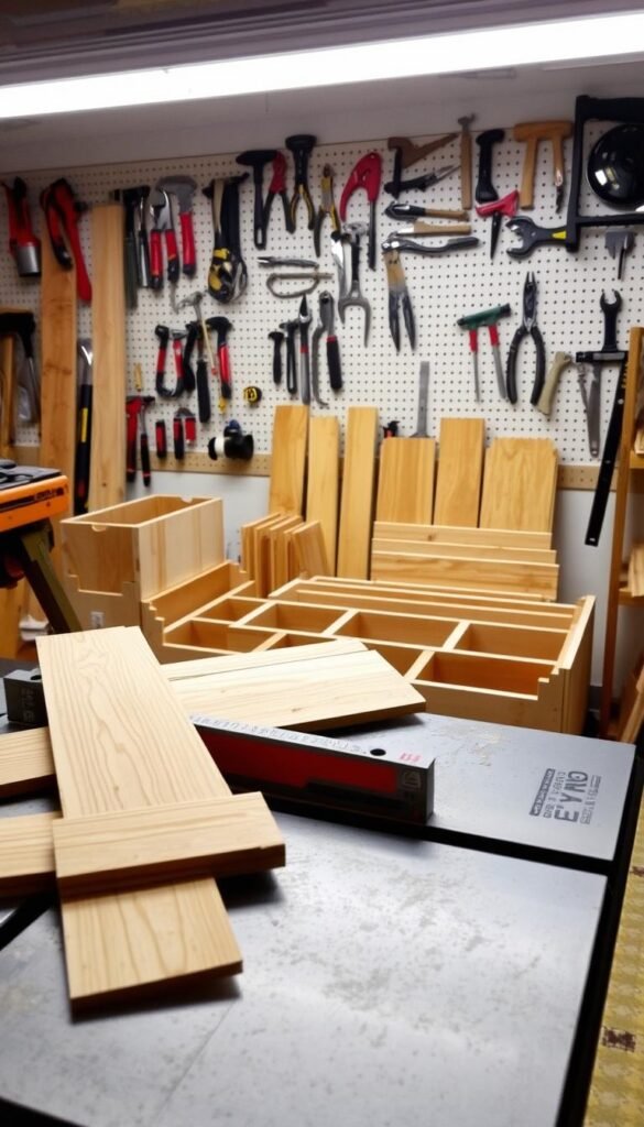 A well-lit workshop setting, with a table saw in the foreground, carefully cutting through wooden planks to create the components for a raised garden bed. The planks have a natural wood grain texture, and the saw blade is slicing through them with precision. In the middle ground, an array of various planter components - such as side panels, corner supports, and base boards - are neatly arranged, ready for assembly. The background features a pegboard wall, complete with an assortment of hand tools, conveying a sense of a well-equipped DIY workspace. The overall atmosphere is one of focused craftsmanship, with the end goal of constructing a functional and visually appealing raised garden bed.