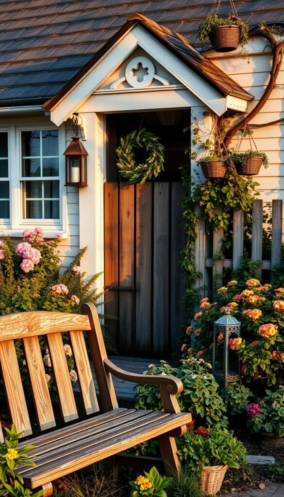 A well-maintained cottage with a charming front garden, adorned with vintage-inspired elements. The foreground features a quaint wooden bench, weathered and inviting, surrounded by lush foliage and blooming flowers in a harmonious color palette. In the middle ground, a rustic wooden gate leads the eye towards the cottage's façade, adorned with a decorative wreath and a classic lantern. The background showcases a picket fence, partially obscured by trailing vines and hanging baskets, creating a cozy and welcoming atmosphere. The lighting is warm and soft, casting a gentle glow over the scene, emphasizing the cottage's timeless beauty and inviting curb appeal.