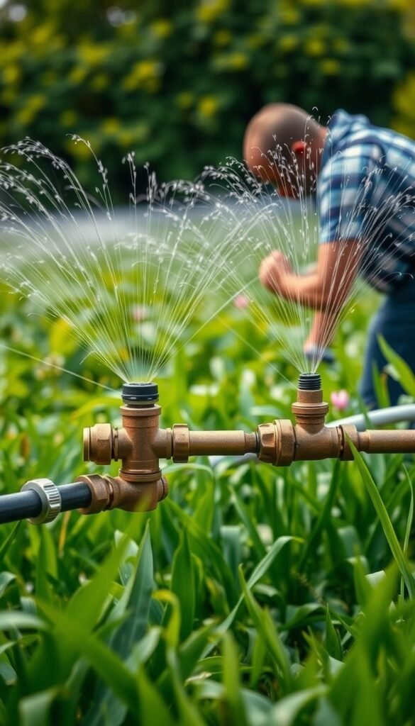 A well-maintained garden irrigation system, captured in a crisp, documentary-style photograph. In the foreground, a gardener diligently inspects the sprinkler heads, ensuring proper water coverage and optimal efficiency. The middle ground features the neatly laid-out piping and valves, their surfaces gleaming under the warm, diffused lighting. In the background, a lush, verdant garden backdrop provides a serene, natural setting, hinting at the importance of this maintenance routine for the overall health and vitality of the landscape. The overall composition conveys a sense of care, attention to detail, and a commitment to sustainability, perfectly suited to illustrate the "Maintenance and Optimization for Long-Term Efficiency" section of the article.