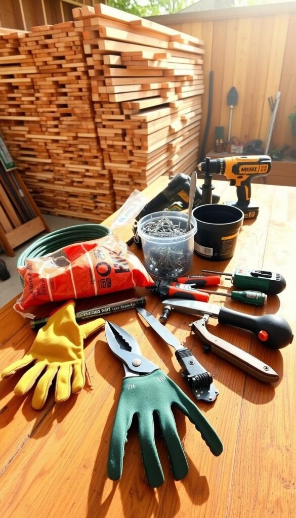 A well-organized array of DIY garden bed tools and materials sits on a sturdy wooden workbench, bathed in warm, natural light. In the foreground, a set of gardening gloves, pruning shears, and a trowel neatly arranged. In the middle ground, a bag of potting soil, a coil of garden hose, and a bucket of nails and screws. In the background, a stack of untreated lumber planks and a collection of power tools, including a cordless drill and a saw, suggest the tools needed to construct a raised garden bed. The overall scene conveys a sense of preparedness and the essential elements required for a successful DIY gardening project.