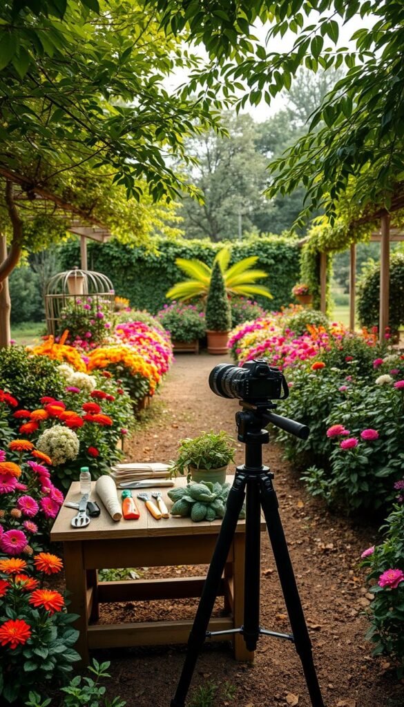 A well-organized garden filled with vibrant flowers and lush greenery. In the foreground, a photographer's tripod and camera are set up, ready to capture the scene. Soft, diffused natural lighting filters through the canopy of trees, creating a warm, inviting atmosphere. In the middle ground, gardening tools and accessories are neatly arranged on a wooden table, indicating the preparation for the photoshoot. The background features a backdrop of colorful blooms, creating a visually striking and picturesque setting. The overall mood is one of tranquility, creativity, and a celebration of the beauty of nature.