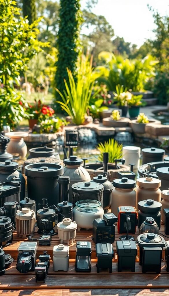 A well-organized garden pond display showcasing an array of essential equipment. In the foreground, an assortment of pond pumps, filters, and aeration devices in various sizes and designs are neatly arranged on a wooden surface, bathed in warm, natural lighting. The middle ground features a selection of pond liners, skimmers, and underwater lighting options, inviting the viewer to envision the pond's functionality. In the background, lush greenery and complementary garden elements create a serene, harmonious landscape, hinting at the overall aesthetic the pond will bring to the outdoor space. The mood is one of considered curation, highlighting the thoughtful selection of high-quality pond materials and equipment to enhance the garden's visual appeal and ecological balance.