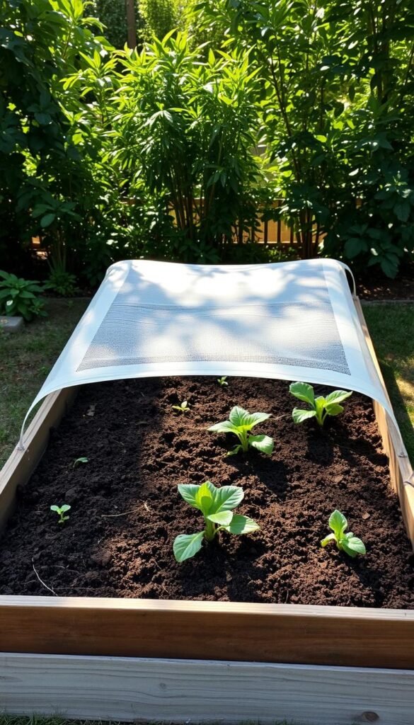 A well-organized raised garden bed, the soil perfectly tilled and level, ready to receive a protective cover. Soft morning light filters through lush greenery, casting delicate shadows across the prepared surface. The bed's dimensions are clearly visible, allowing for precise measurement and custom fit. A sense of anticipation fills the air, as the gardener prepares to shield their valuable plants from the unpredictable elements. The scene exudes a serene, contemplative mood, inviting the viewer to imagine the satisfying process of cover installation and the bountiful harvest to come.