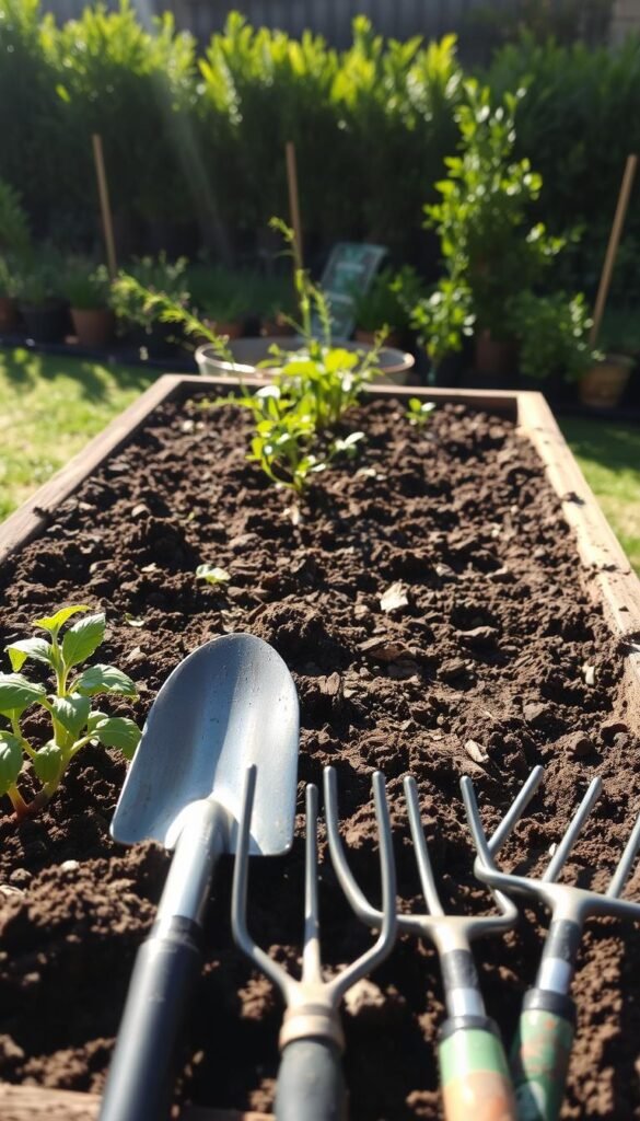 A well-tended raised garden bed, its soil freshly tilled and enriched with organic matter. Sunlight streams in, casting warm shadows across the earth. In the foreground, gardening tools - a spade, a trowel, and a rake - stand ready, their metal surfaces gleaming. The background features a lush, verdant landscape, hinting at the bounty to come. The scene exudes a sense of tranquility and anticipation, inviting the viewer to envision a thriving herb garden, its aromatic herbs and vibrant colors soon to emerge from this meticulously prepared canvas.